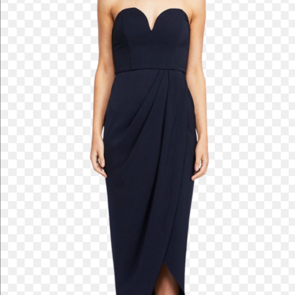 Shona Joy draped bustier strapless navy dress (midi/maxi)